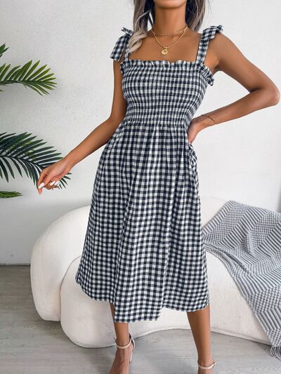 Frill Plaid Square Neck Midi Dress - Hey Love Boutique