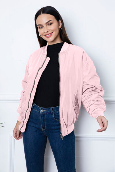 Zip Up Dropped Shoulder Jacket - Hey Love Boutique