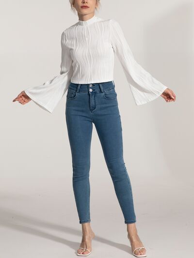 Mock Neck Flare Sleeve Blouse - Hey Love Boutique