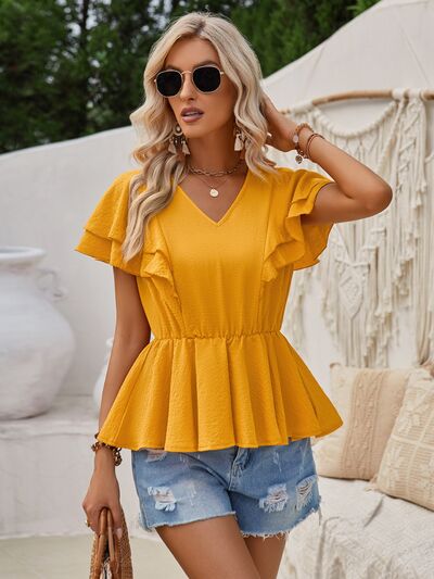 Ruffled V-Neck Peplum Blouse - Hey Love Boutique