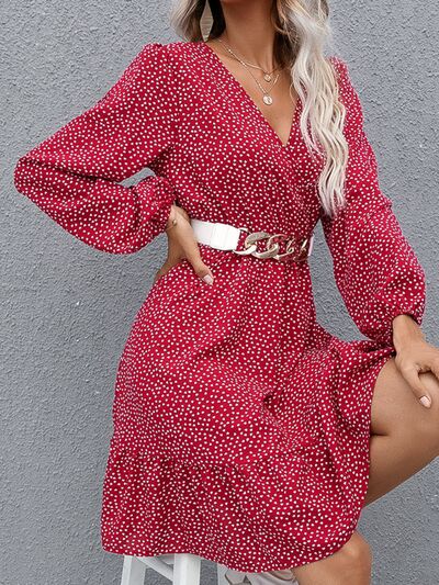 Printed Surplice Balloon Sleeve Dress - Hey Love Boutique