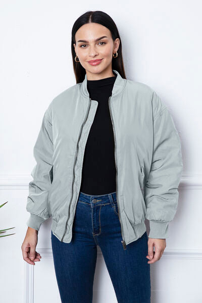 Zip Up Dropped Shoulder Jacket - Hey Love Boutique