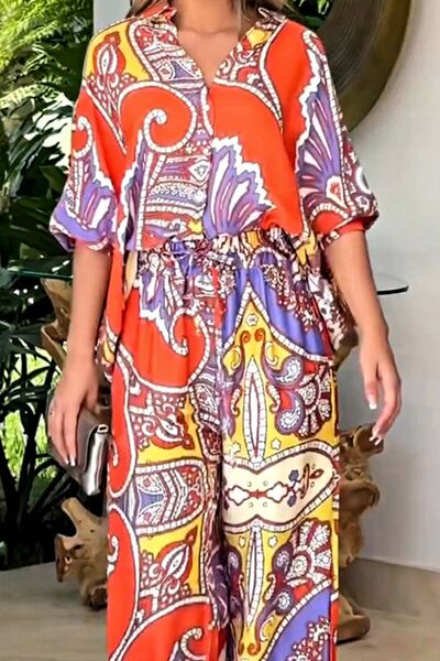 Printed Half Sleeve Shirt and Wide Leg Pants Set - Hey Love Boutique