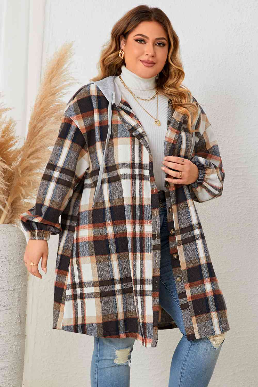 Plus Size Plaid Hooded Coat