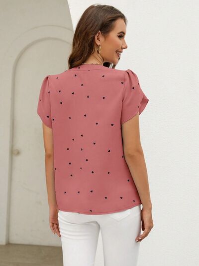 Heart Print Notched Petal Sleeve Blouse - Hey Love Boutique