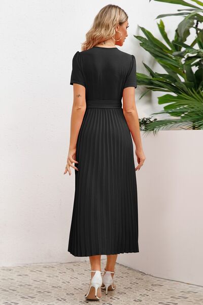 Pleated Short Sleeve Midi Dress