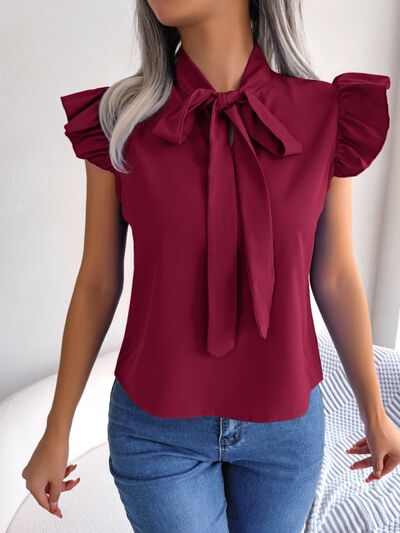 Tie  Neck Cap Sleeve Blouse - Hey Love Boutique