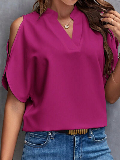 Notched Cold Shoulder Blouse - Hey Love Boutique