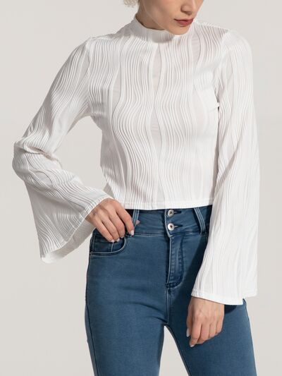 Mock Neck Flare Sleeve Blouse - Hey Love Boutique