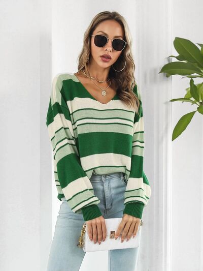 Striped V-Neck Dropped Shoulder Sweater - Hey Love Boutique