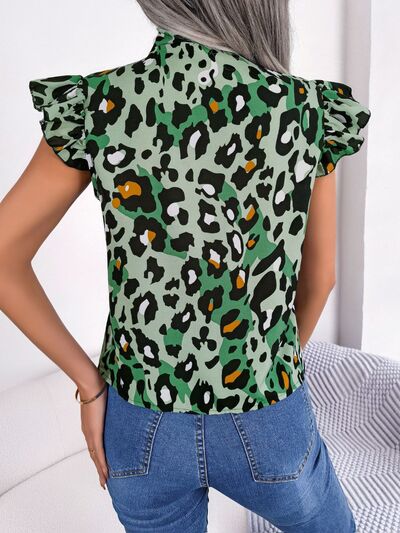 Leopard Tie Neck Cap Sleeve Blouse - Hey Love Boutique