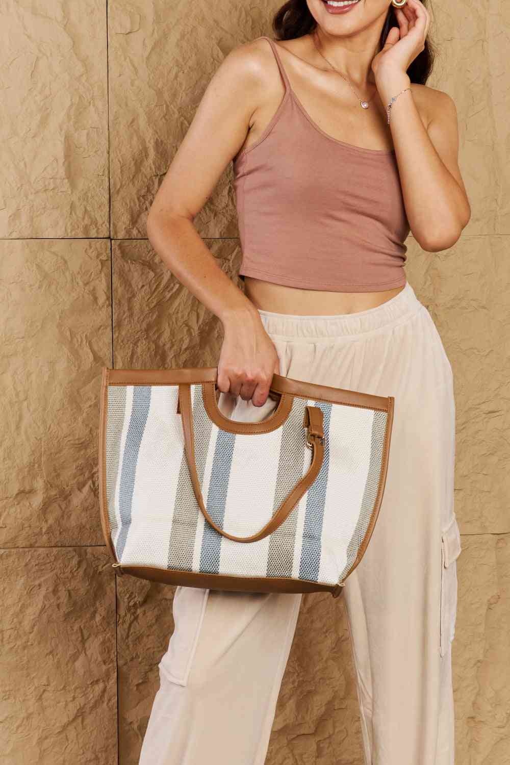 Striped In The Sun Leather Trim Tote Bag