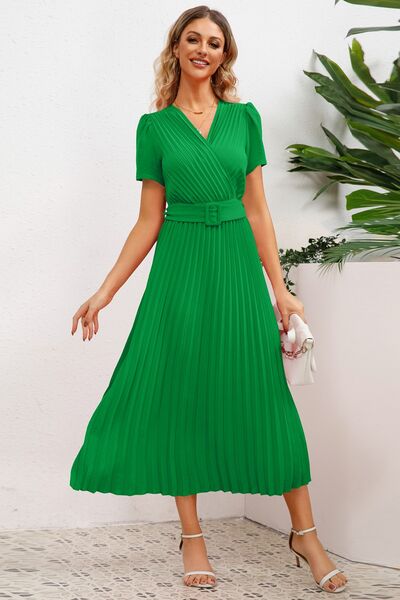 Pleated Short Sleeve Midi Dress