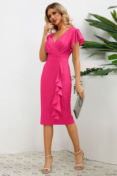 Ruffled Slit Surplice Cap Sleeve Dress - Hey Love Boutique