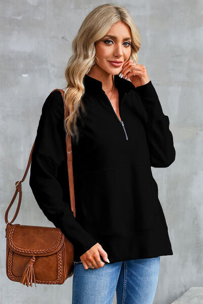 Half Zip Pocketed Dropped Shoulder Sweatshirt - Hey Love Boutique