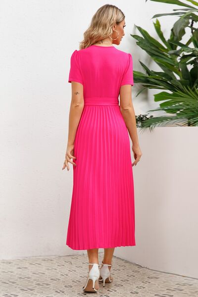 Pleated Short Sleeve Midi Dress