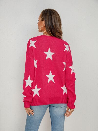 Star Round Neck Dropped Shoulder Sweater - Hey Love Boutique