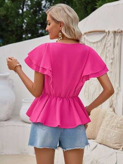 Ruffled V-Neck Peplum Blouse - Hey Love Boutique