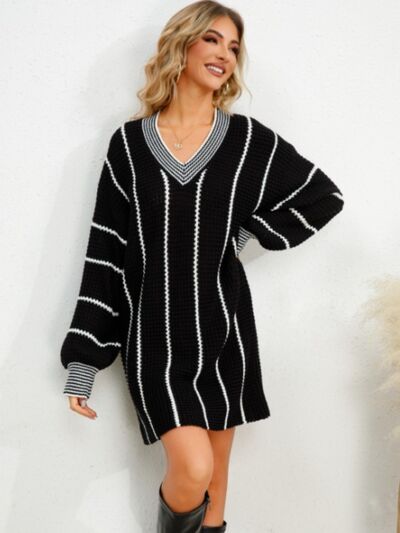 Striped V-Neck Long Sleeve Mini Dress - Hey Love Boutique