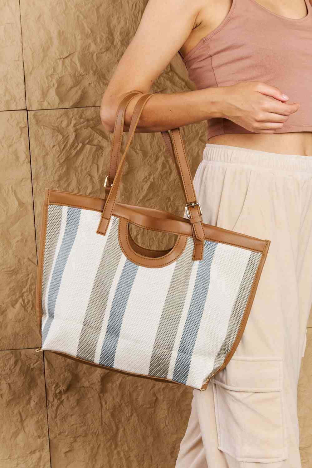 Striped In The Sun Leather Trim Tote Bag