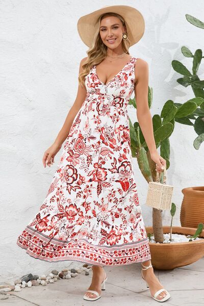 Printed V-Neck Wide Strap Dress - Hey Love Boutique