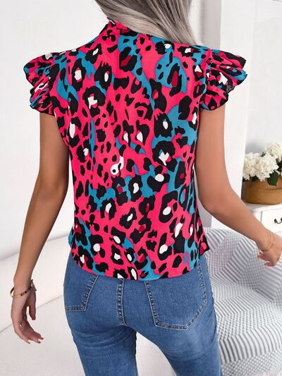 Leopard Tie Neck Cap Sleeve Blouse - Hey Love Boutique