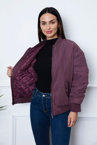 Zip Up Dropped Shoulder Jacket - Hey Love Boutique