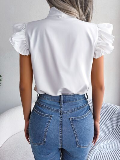 Tie  Neck Cap Sleeve Blouse - Hey Love Boutique