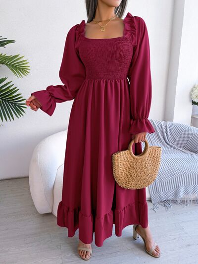 Smocked Square Neck Flounce Sleeve Dress - Hey Love Boutique