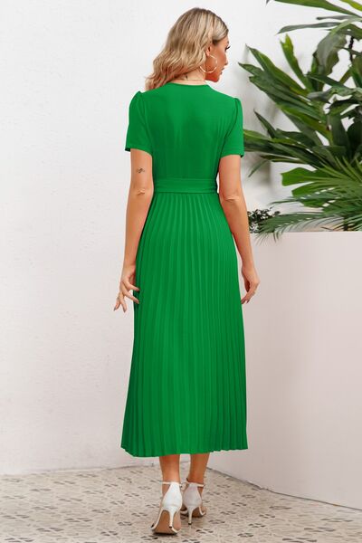 Pleated Short Sleeve Midi Dress