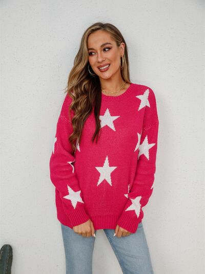 Star Round Neck Dropped Shoulder Sweater - Hey Love Boutique