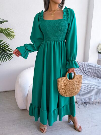 Smocked Square Neck Flounce Sleeve Dress - Hey Love Boutique