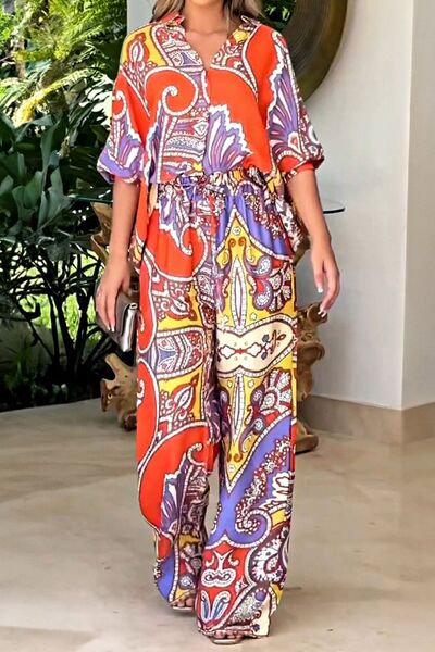 Printed Half Sleeve Shirt and Wide Leg Pants Set - Hey Love Boutique