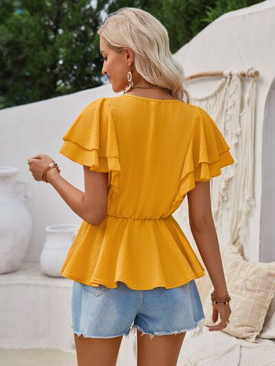 Ruffled V-Neck Peplum Blouse - Hey Love Boutique