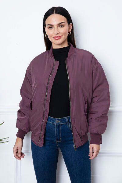 Zip Up Dropped Shoulder Jacket - Hey Love Boutique