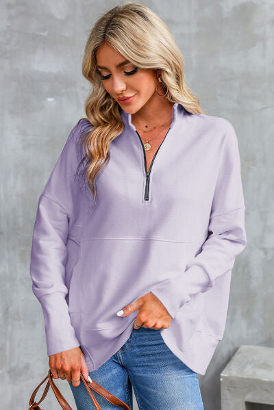 Half Zip Pocketed Dropped Shoulder Sweatshirt - Hey Love Boutique