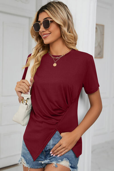 Ruched Round Neck Short Sleeve T-Shirt - Hey Love Boutique